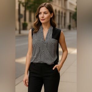 EUC ROBBI & NIKKI Black White Sheer Front Black Knit Back Sleeveless Blouse Sz S